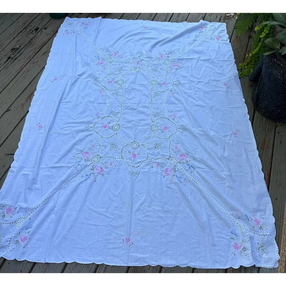 Vintage Hand Embroidered Tablecloth White floral pink blue beautiful cut out